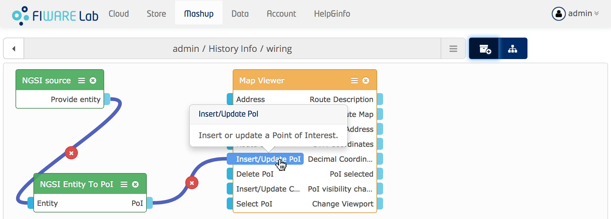 Wiring diagram after connecting the *NGSI entity To PoI* operator and the *Map Viewer* widget